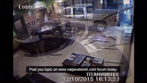 angry old man crashes his truck into a hotel lobby
